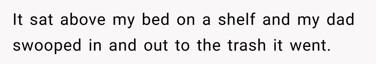 It sat above my bed on a shelf and my dad swooped in and out to the trash it went.