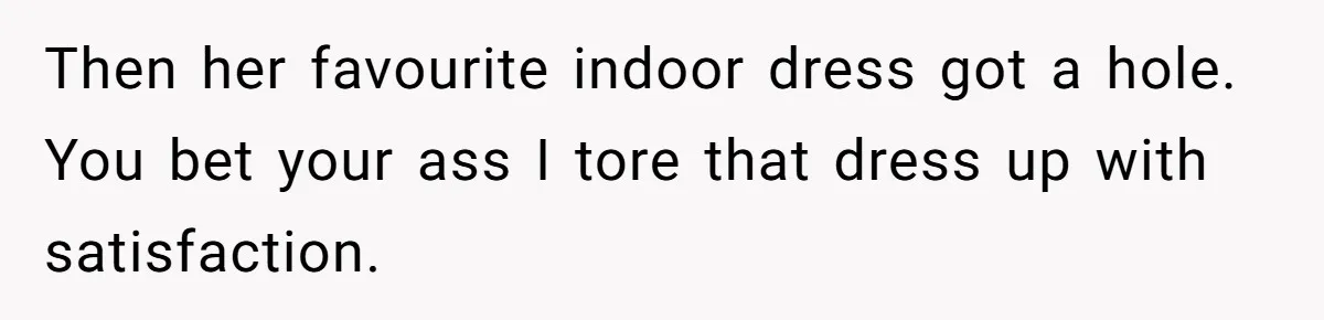 Then her favourite indoor dress got a hole. You bet your ass I tore that dress up with satisfaction.