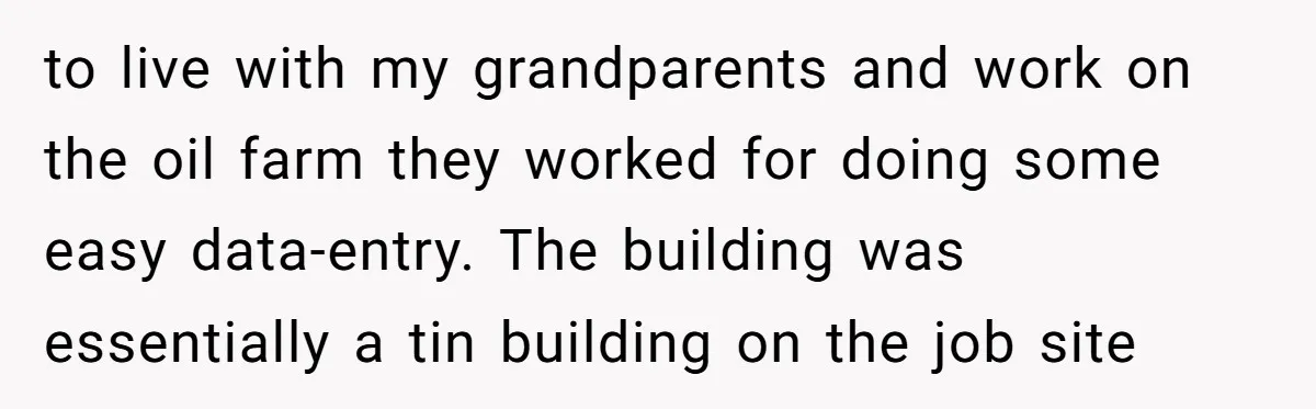 to live with my grandparents and work on the oil farm they worked for doing some easy data-entry. The building was essentially a tin building on the job site