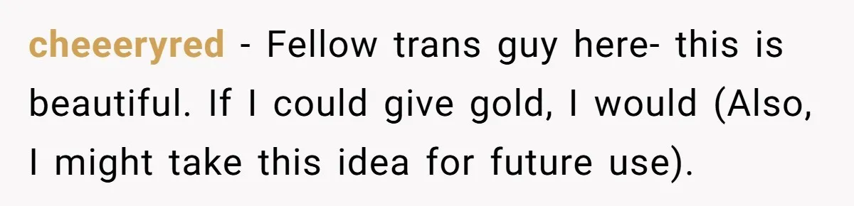 cheeeryred − Fellow trans guy here- this is beautiful. If I could give gold, I would (Also, I might take this idea for future use).