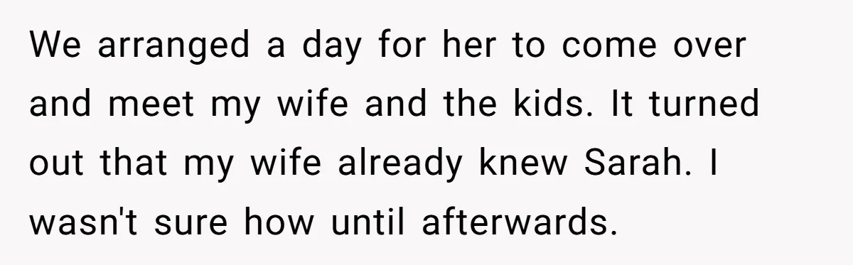 We arranged a day for her to come over and meet my wife and the kids. It turned out that my wife already knew Sarah. I wasn't sure how until...