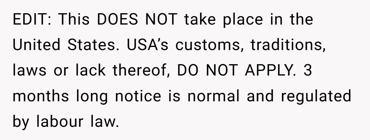 EDIT: This DOES NOT take place in the United States. USA’s customs, traditions, laws or lack thereof, DO NOT APPLY. 3 months long notice is normal and regulated by labour...