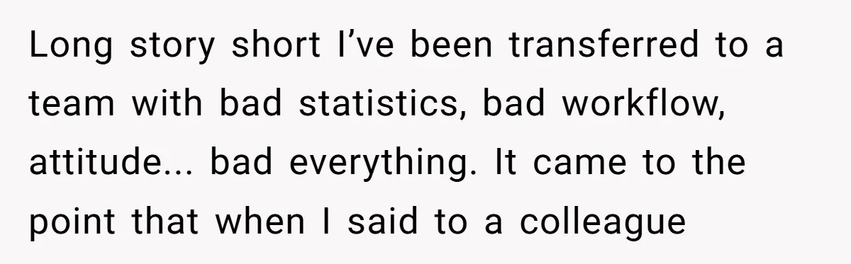 Long story short I’ve been transferred to a team with bad statistics, bad workflow, attitude... bad everything. It came to the point that when I said to a colleague