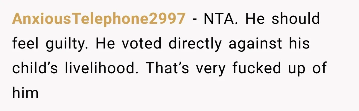Family Tension Explodes After Woman Says She’s “Lying In The Bed” Her Parents Voted For AnxiousTelephone2997 − NTA. He should feel guilty. He voted directly against his child’s livelihood. That’s very fucked up of him