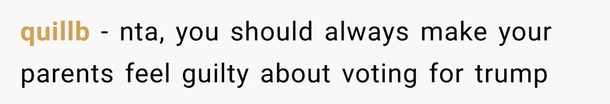 Family Tension Explodes After Woman Says She’s “Lying In The Bed” Her Parents Voted For quillb − nta, you should always make your parents feel guilty about voting for trump