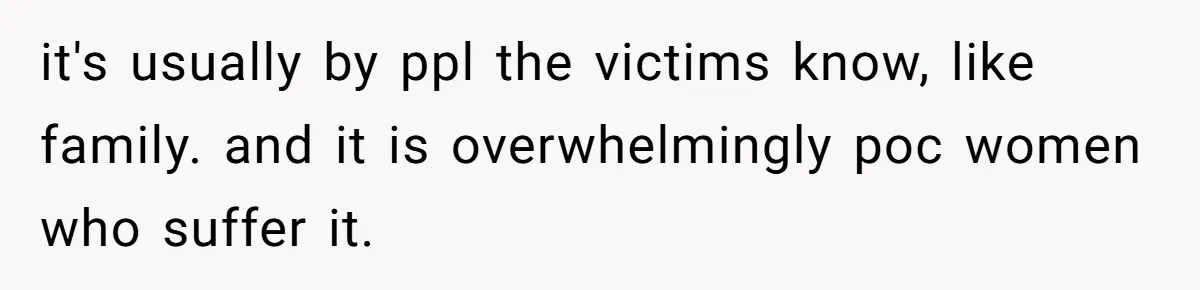 it's usually by ppl the victims know, like family. and it is overwhelmingly poc women who suffer it.