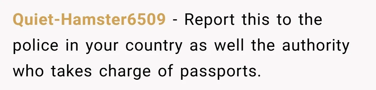 Quiet-Hamster6509 − Report this to the police in your country as well the authority who takes charge of passports.