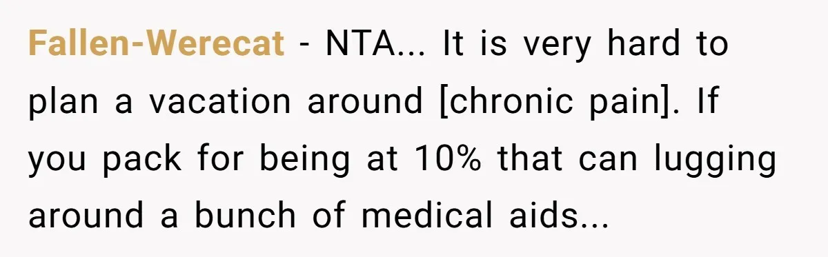 Fallen-Werecat - NTA... It is very hard to plan a vacation around [chronic pain]. If you pack for being at 10% that can lugging around a bunch of medical aids...