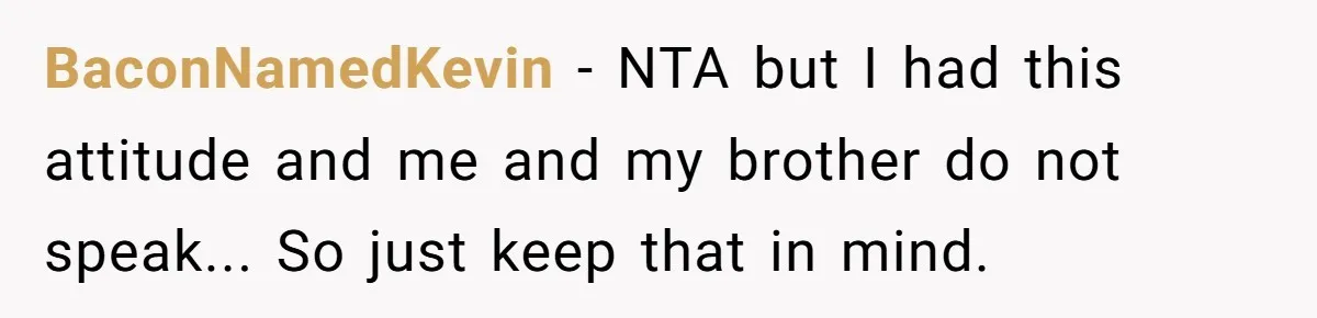 BaconNamedKevin - NTA but I had this attitude and me and my brother do not speak... So just keep that in mind.