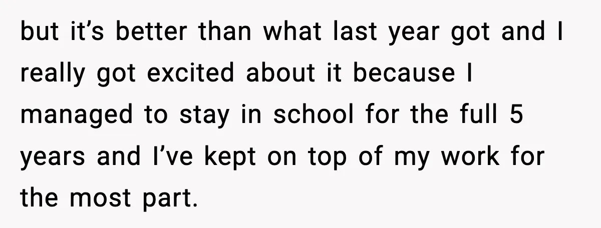 but it’s better than what last year got and I really got excited about it because I managed to stay in school for the full 5 years and I’ve kept...