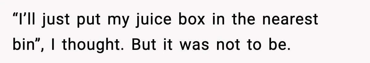 “I’ll just put my juice box in the nearest bin”, I thought. But it was not to be.
