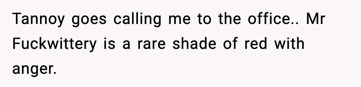 Tannoy goes calling me to the office.. Mr Fuckwittery is a rare shade of red with anger.