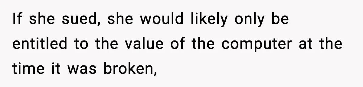 If she sued, she would likely only be entitled to the value of the computer at the time it was broken,