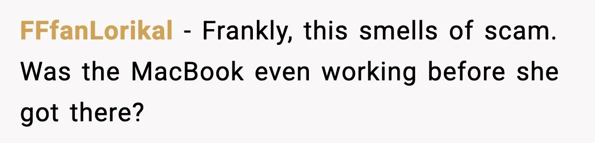 FFfanLorikal − Frankly, this smells of scam. Was the MacBook even working before she got there?