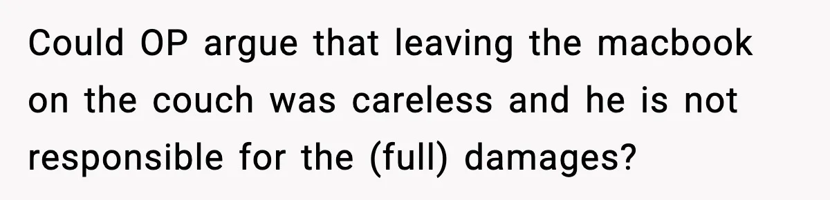 Could OP argue that leaving the macbook on the couch was careless and he is not responsible for the (full) damages?