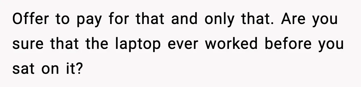 Offer to pay for that and only that. Are you sure that the laptop ever worked before you sat on it?