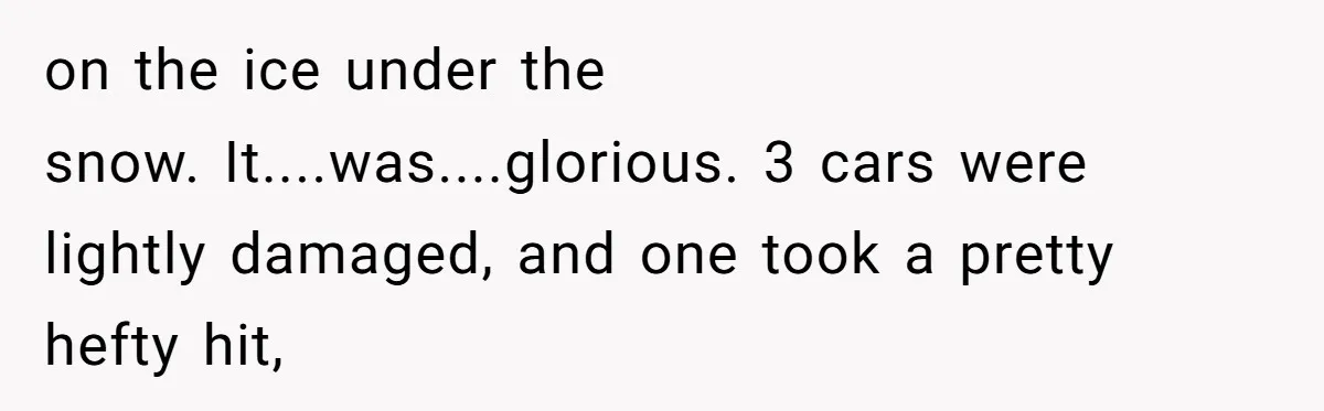 on the ice under the snow. It....was....glorious. 3 cars were lightly damaged, and one took a pretty hefty hit,