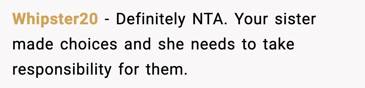 Whipster20 − Definitely NTA. Your sister made choices and she needs to take responsibility for them.