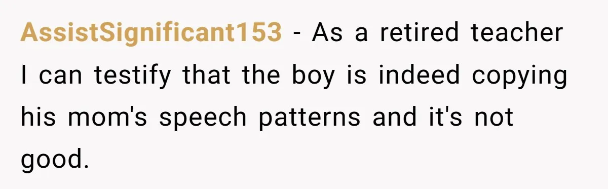 Woman Tells Sister-In-Law Her Baby Voice Is Ruining Her 6-Year-Old’s Life. AssistSignificant153 - As a retired teacher I can testify that the boy is indeed copying his mom's speech patterns and it's not good.