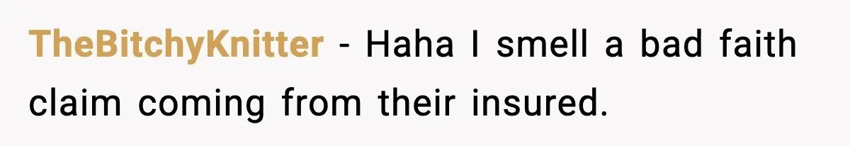 TheBitchyKnitter − Haha I smell a bad faith claim coming from their insured.