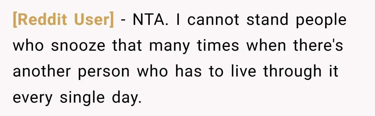 [Reddit User] − NTA. I cannot stand people who snooze that many times when there's another person who has to live through it every single day.