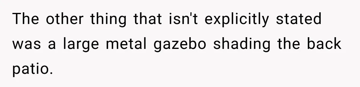 The other thing that isn't explicitly stated was a large metal gazebo shading the back patio.