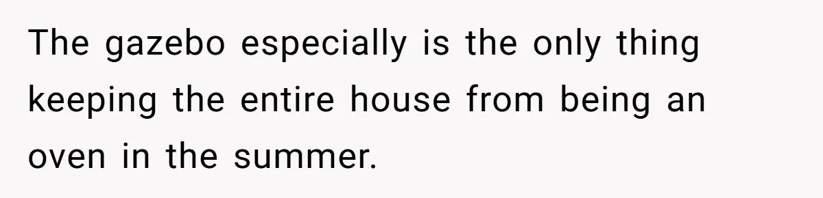 The gazebo especially is the only thing keeping the entire house from being an oven in the summer.
