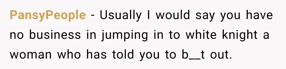 PansyPeople − Usually I would say you have no business in jumping in to white knight a woman who has told you to b__t out.