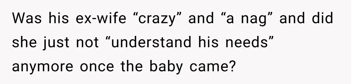 Husband Expects Wife On Deadline To Feed Him And Daughter Instead Of Making One Sandwich Himself Was his ex-wife “crazy” and “a nag” and did she just not “understand his needs” anymore once the baby came?