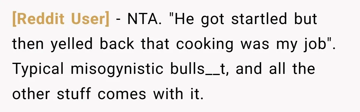 [Reddit User] − NTA. "He got startled but then yelled back that cooking was my job". Typical misogynistic bulls__t, and all the other stuff comes with it.