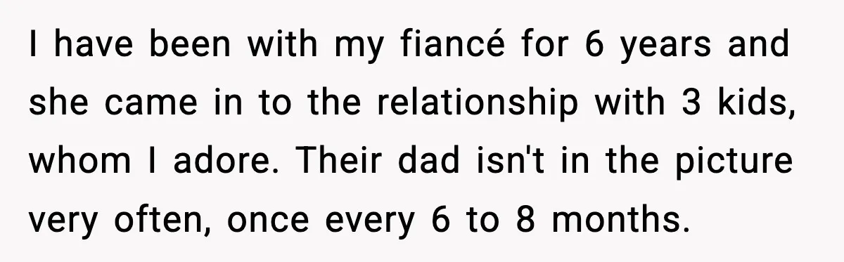 I have been with my fiancé for 6 years and she came in to the relationship with 3 kids, whom I adore. Their dad isn't in the picture very often,...