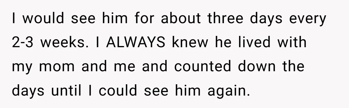 Father Struggles To Convince His Child He Lives At Home, Wife Calls Him Out For Expecting Too Much I would see him for about three days every 2-3 weeks. I ALWAYS knew he lived with my mom and me and counted down the days until I could see...
