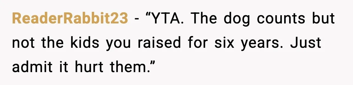 ReaderRabbit23 - “YTA. The dog counts but not the kids you raised for six years. Just admit it hurt them.”