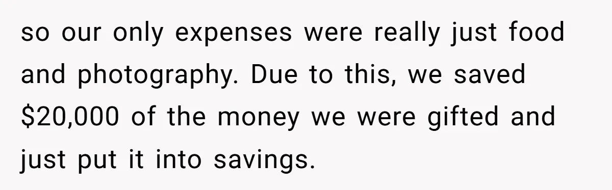 Woman Refuses To Fund Younger Sister's Lavish Wedding Despite Easy Affordability Over One Petty Reason so our only expenses were really just food and photography. Due to this, we saved $20,000 of the money we were gifted and just put it into savings.