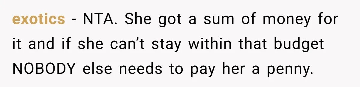 Woman Refuses To Fund Younger Sister's Lavish Wedding Despite Easy Affordability Over One Petty Reason exotics − NTA. She got a sum of money for it and if she can’t stay within that budget NOBODY else needs to pay her a penny.