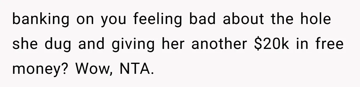Woman Refuses To Fund Younger Sister's Lavish Wedding Despite Easy Affordability Over One Petty Reason banking on you feeling bad about the hole she dug and giving her another $20k in free money? Wow, NTA.
