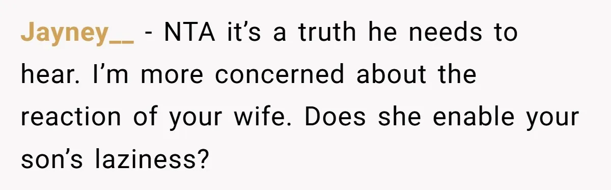 Jayney__ − NTA it’s a truth he needs to hear. I’m more concerned about the reaction of your wife. Does she enable your son’s laziness?