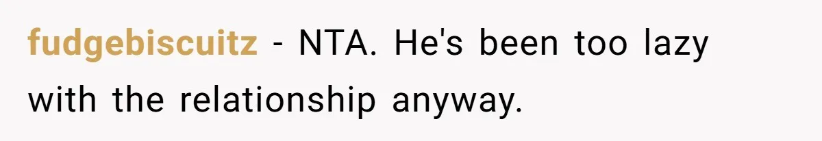 fudgebiscuitz − NTA. He's been too lazy with the relationship anyway.