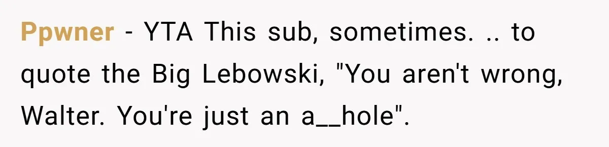 Ppwner − YTA This sub, sometimes. .. to quote the Big Lebowski, "You aren't wrong, Walter. You're just an a__hole".