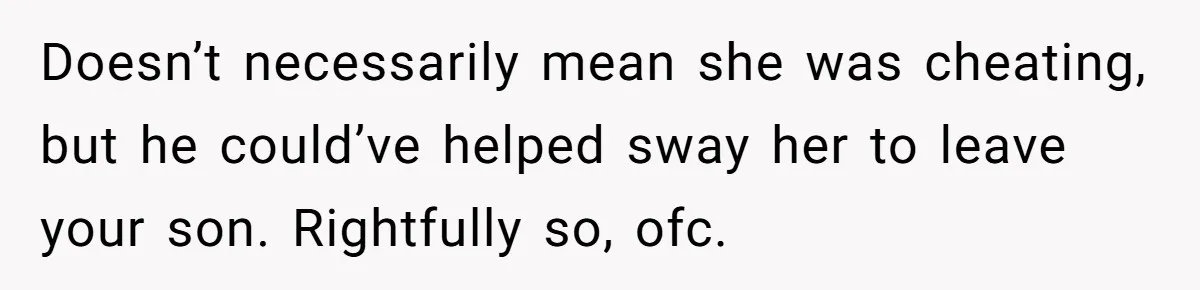 Doesn’t necessarily mean she was cheating, but he could’ve helped sway her to leave your son. Rightfully so, ofc.