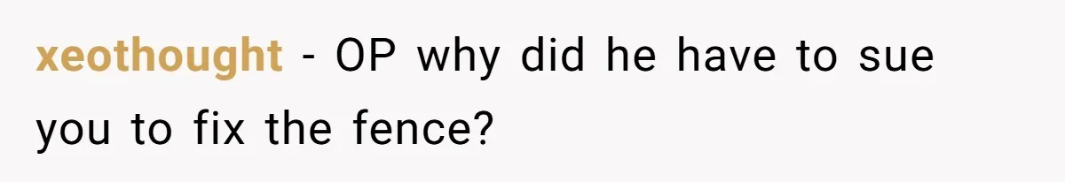 xeothought − OP why did he have to sue you to fix the fence?