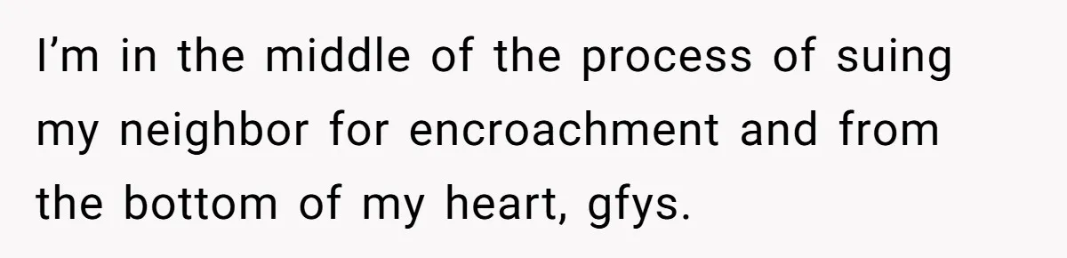 I’m in the middle of the process of suing my neighbor for encroachment and from the bottom of my heart, gfys.