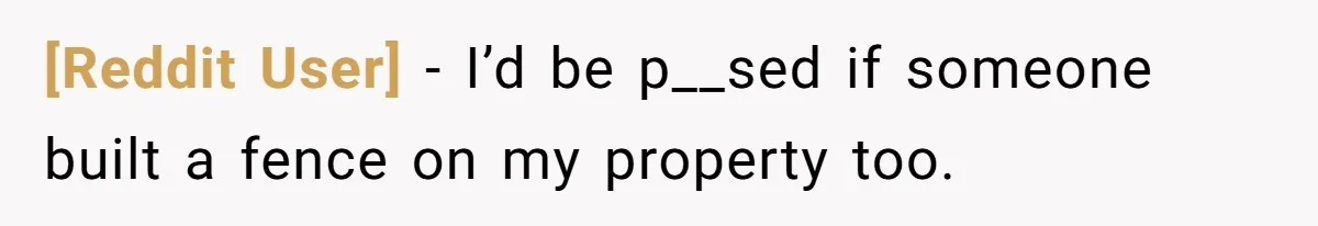 [Reddit User] − I’d be p__sed if someone built a fence on my property too.