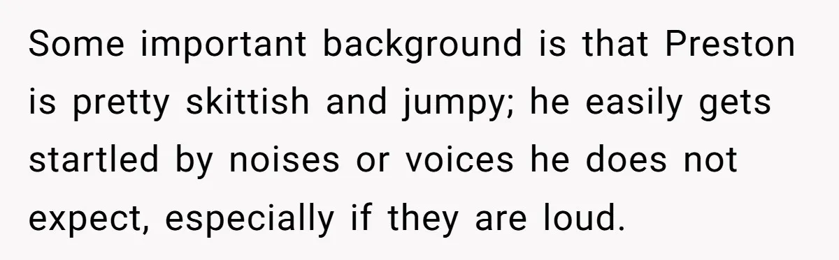 Some important background is that Preston is pretty skittish and jumpy; he easily gets startled by noises or voices he does not expect, especially if they are loud.