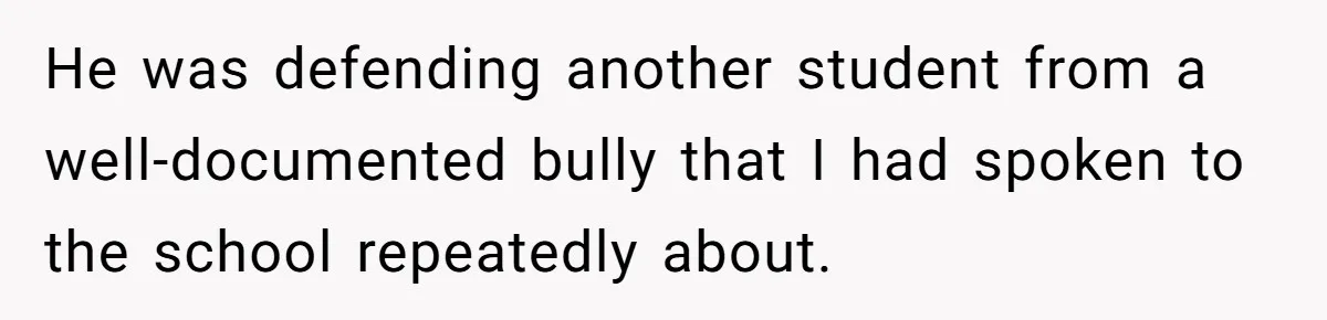 He was defending another student from a well-documented bully that I had spoken to the school repeatedly about.