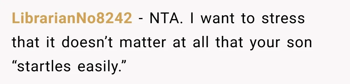 LibrarianNo8242 − NTA. I want to stress that it doesn’t matter at all that your son “startles easily.”