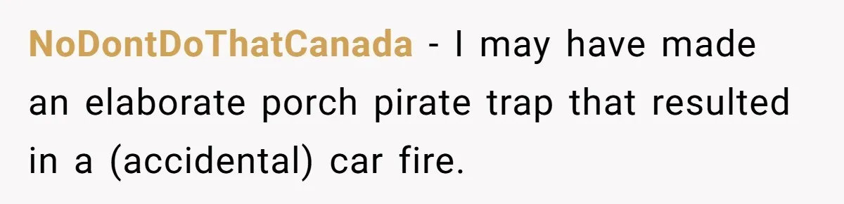 NoDontDoThatCanada − I may have made an elaborate porch pirate trap that resulted in a (accidental) car fire.