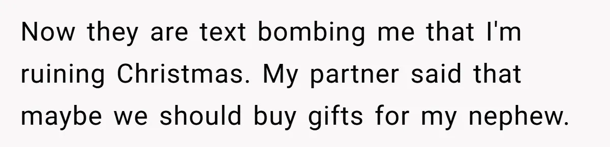 Now they are text bombing me that I'm ruining Christmas. My partner said that maybe we should buy gifts for my nephew.