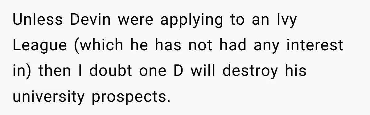 Unless Devin were applying to an Ivy League (which he has not had any interest in) then I doubt one D will destroy his university prospects.