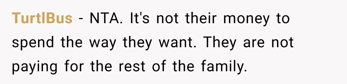 TurtlBus − NTA. It's not their money to spend the way they want. They are not paying for the rest of the family.
